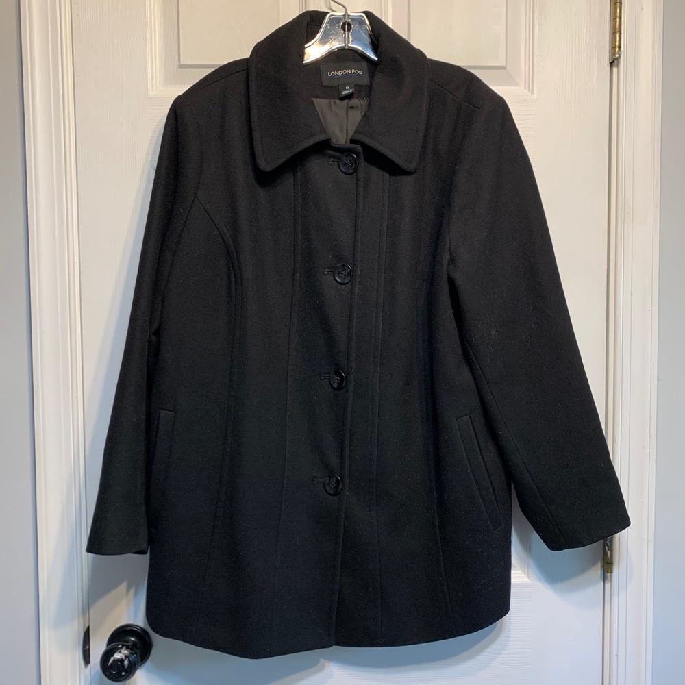 London Fog Wool Blend PeaCoat 1X Black Button Front Car Coat Classic Minimalist